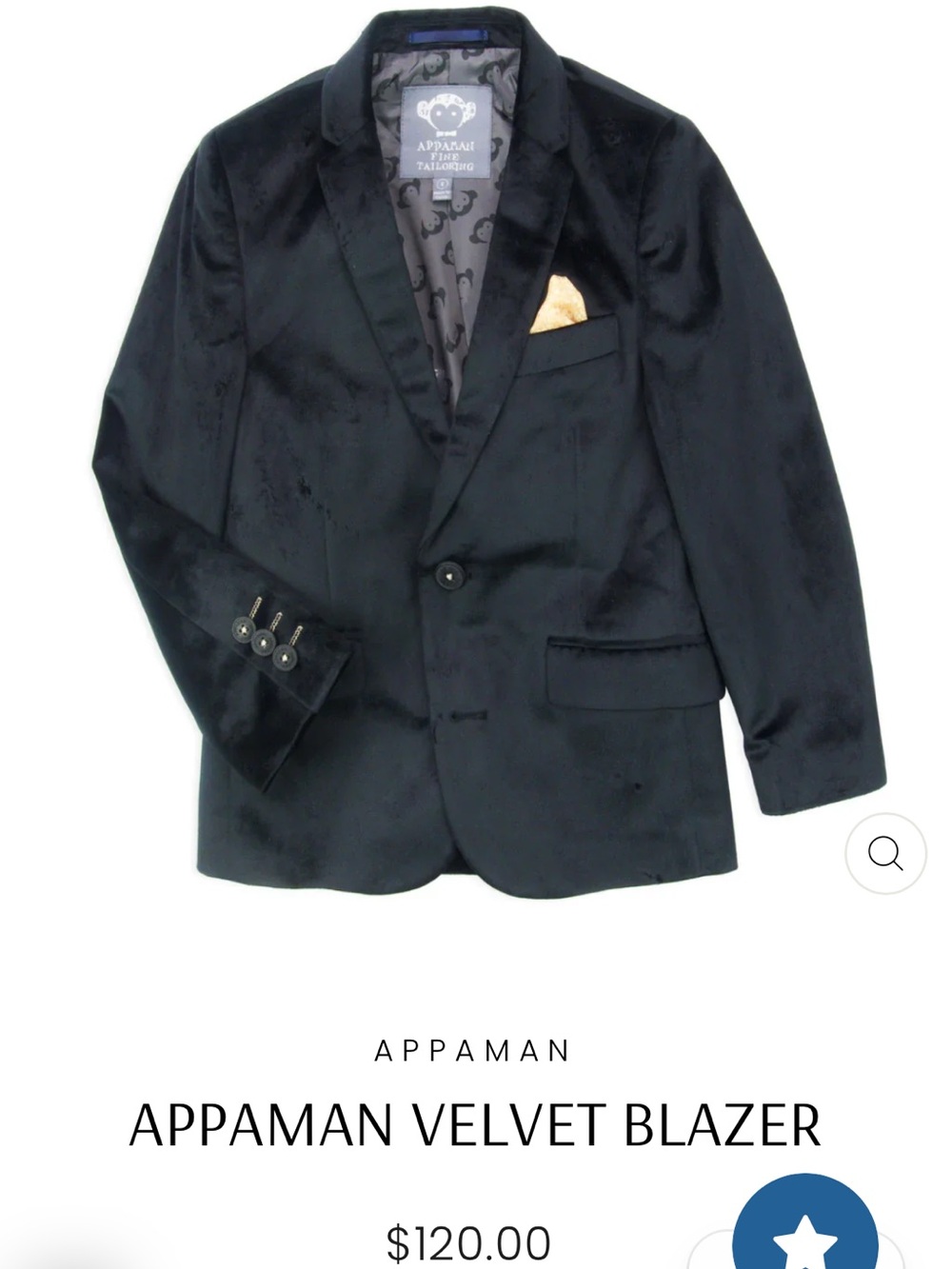 Boys Appaman Fine Tailoring Black Velvet Blazer with Gold Pocket Accent size 12